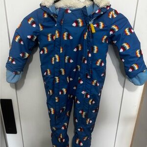 Baby Boden Blue Fleece snowsuit with rainbow hedgehogs